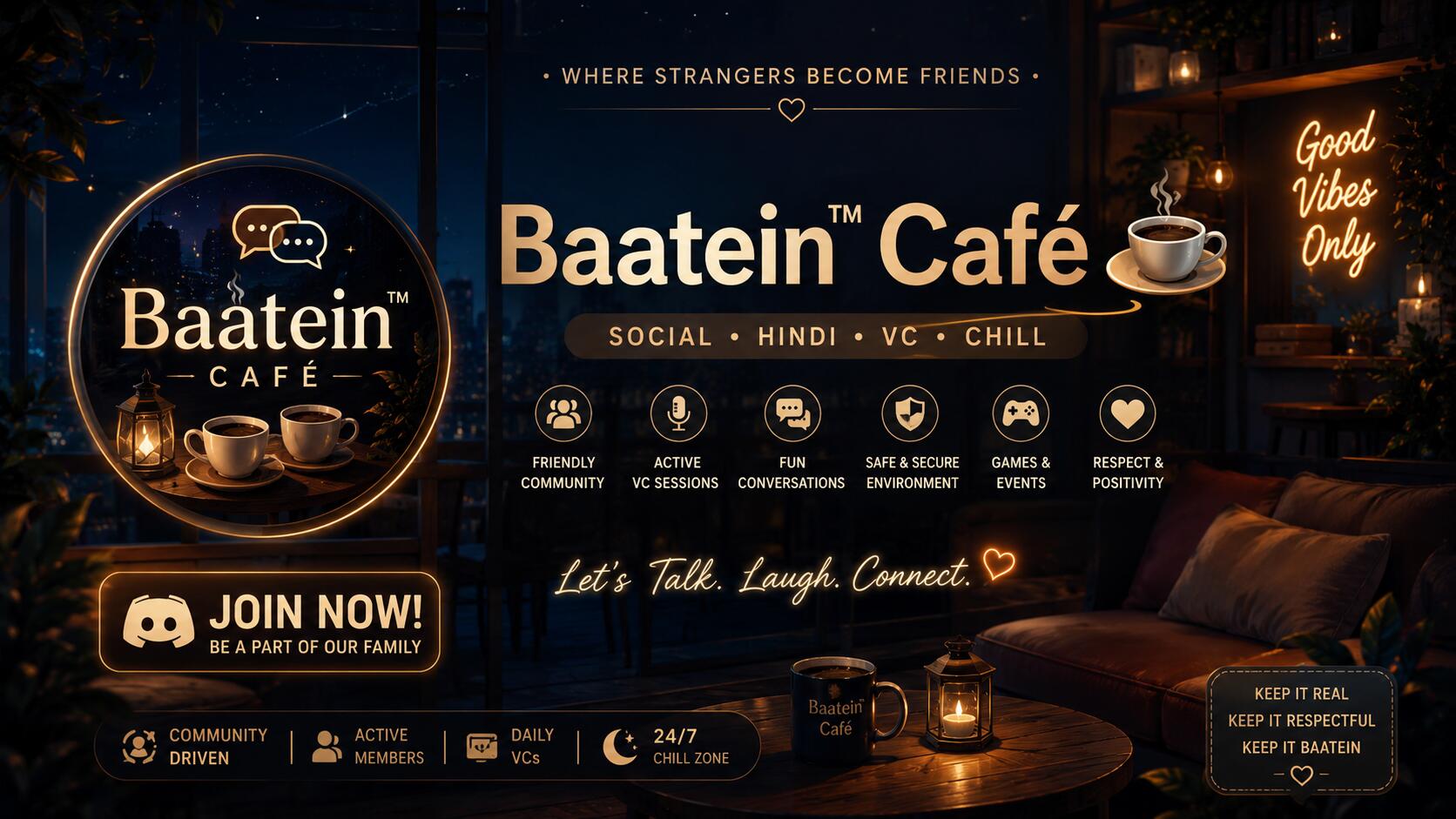 Discovery splash banner for Baatein™ Café ||☕ Social • Hindi • VC • Chill Discord server