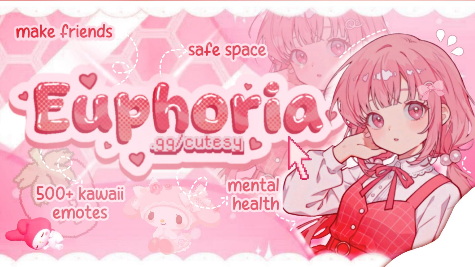 Discovery splash banner for ʚ₊˚ ꒰🌸・euphoria 幸福 °. ♡ guild tag・kawaii・cute・make friends・nitro・safe space・anime・mental health˚໑ Discord server