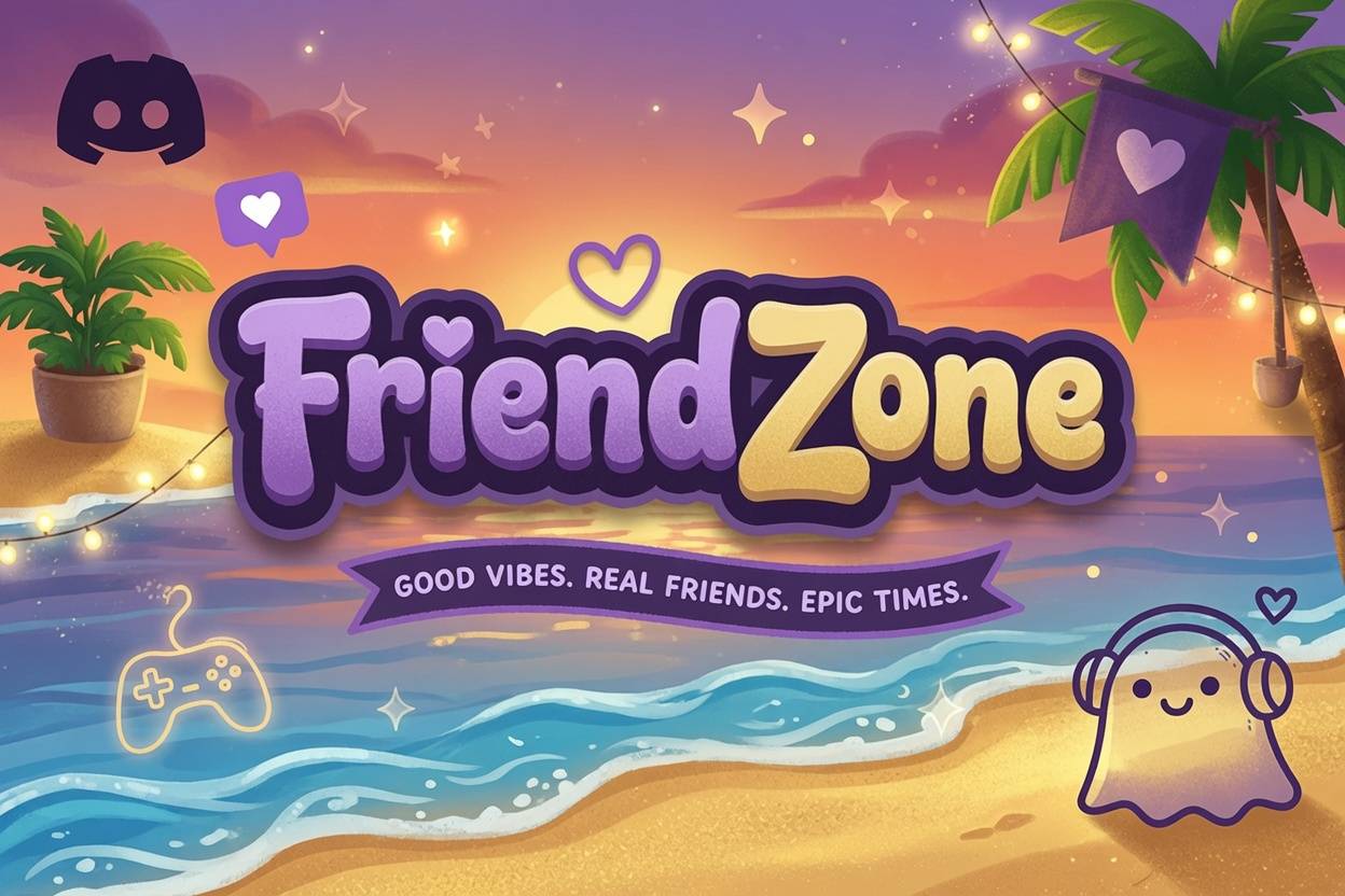 Discovery splash banner for FriendZone | Make Friends ⋅ Fun Chill Active Chat ⋅ VC Social Gaming ⋅ Memes ⋅ Nitro Emojis ⋅ Anime Discord server